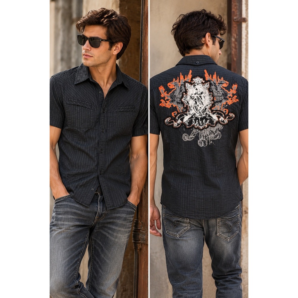 G by Guess Mens Black Pinstripe Graphic Back Y2K Cyber Streetwear Grunge Shirt S